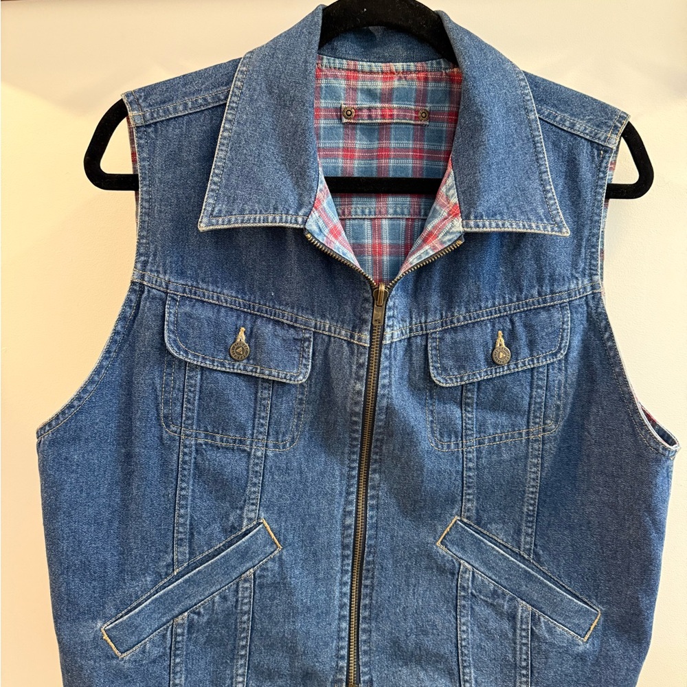 VINTAGE Blue Denim Zip Vest with Plaid Lining